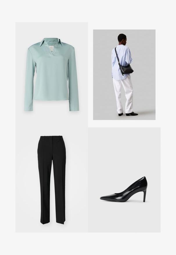 Calvin Klein Bluse - abyss; Sorte skreddersydde bukser med rett silhuett, med en glatt tekstur og klare pressede bretter foran. Ingen synlig maskinvare.; Sorte skinnhøye hæler med spiss tå, glatt tekstur og avsmalnet hæl. Minimalistisk design, ingen ekstra dekorasjoner.; Svart lær skulderveske med en myk tekstur, trekantet form og justerbar stropp, kombinert med en lyseblå stripete skjorte og hvite bukser.