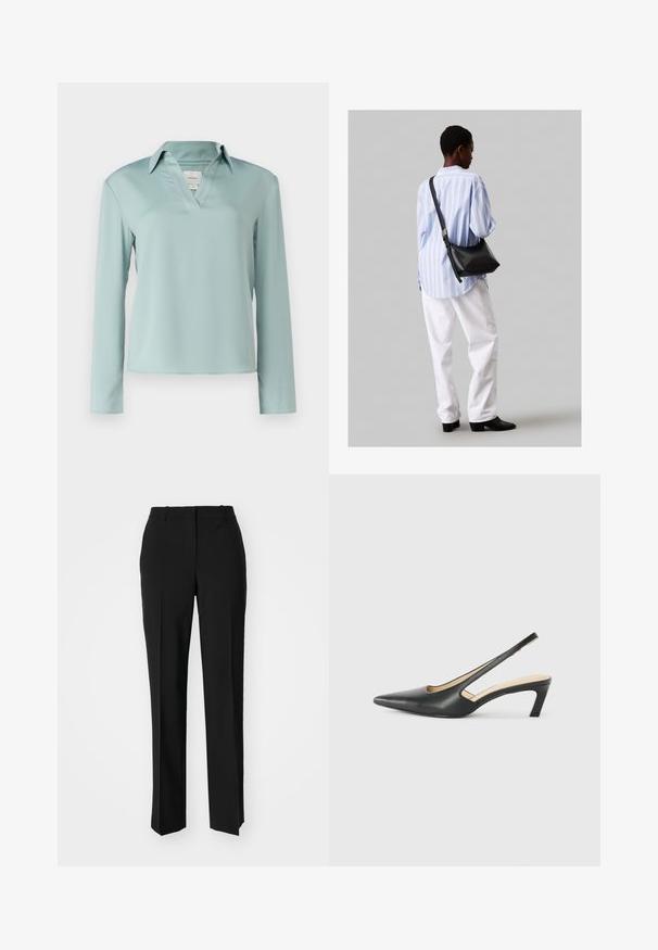 Calvin Klein Pluus - abyss; Mustad ja sirged püksid, millel on sile tekstuur ja teravad voldid esiosas. Ilma nähtavate detailideta.; Must mustaga, terav varvas, madala kontsaga sildiga king, mis on valmistatud siledast nahast ja mille küljel on lõike disain hingavuse tagamiseks.; Must have mustras alasi nahkpatsi, pehme tekstuuriga, kolmnurkse kujuga ja reguleeritava rihmaga, koos helesinise triibulise särgi ja valgete pükstega.