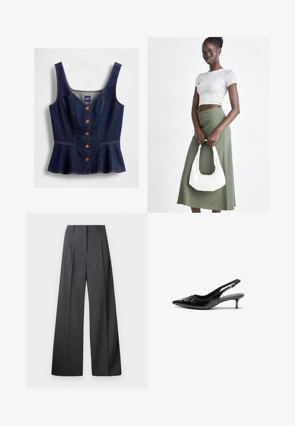 Top senza maniche in denim blu scuro con spalline larghe, chiusura frontale con bottoni, vita aderente e leggero orlo a peplo, etichettato GAP.; Pantaloni a gamba larga in tessuto grigio scuro, con vita alta, pieghe singole e una texture liscia con una finitura pulita sui orli.; Tacchi slingback in pelle nera con punta affusolata, piccolo tacco kitten e un dettaglio a nodo decorativo sulla parte anteriore. Texture liscia su tutta la superficie.; Top crop a coste grigio e gonna a vita alta verde oliva. Il modello tiene una borsa a spalla bianca con dettagli intagliati. Design semplice, silhouette aderente.