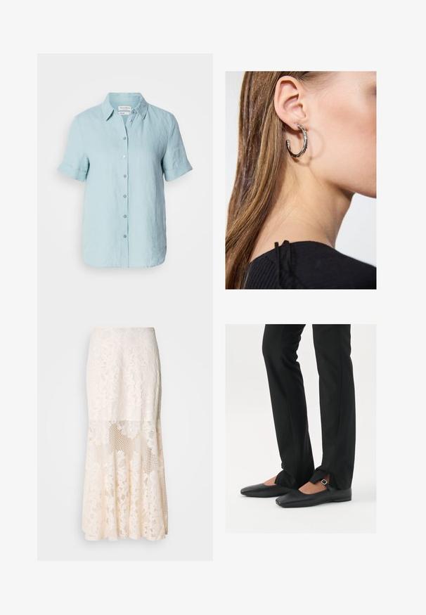 Vaaleansininen pellavapaita, jossa on lyhyet hihat, kaulus ja käärityt hihansuut, sekä kuusi etupainiketta. Silkkinen rakenne.; Kermakuvioinen midi-hame; siinä on kerroksellinen rakenne, läpinäkyviä osia, teksturoitua pitsiä ja levenevä helma.; Musta nahkakengät balettityylillä, kärjessä terävä muoto, hihna hopeasoljella, yhdistetty mustiin räätälöityihin housuihin, joissa on halkiohelma.; Hopea renkaankorvakoru kiiltävällä pinnalla, jossa on pieniä kultaisia yksityiskohtia ja pyöreä muoto, käytetty korvalla.