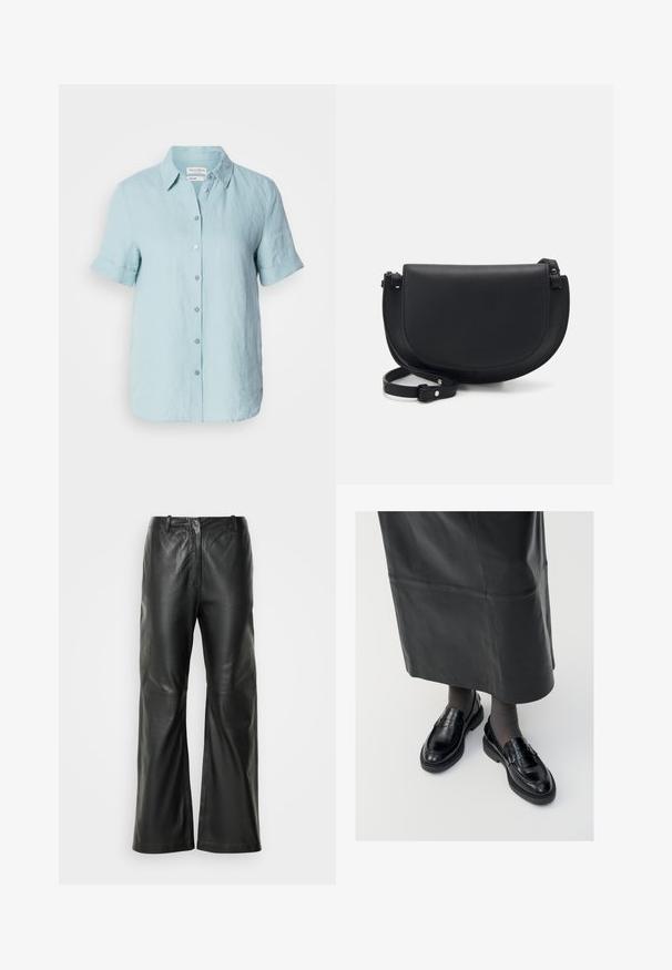 Jasnoniebieska lniana koszula z krótkim rękawem, z kołnierzykiem i podwiniętymi mankietami, zapinana na sześć guzików z przodu. Gładka faktura.; Czarne skórzane spodnie szerokie, o gładkiej fakturze, z średnim stanem i minimalnymi detalami szwów z przodu.; Czarne skórzane mokasyny o gładkim wykończeniu, z ozdobnym paskiem, okrągłym noskiem i teksturowaną podeszwą. Noszone z długą czarną skórzaną spódnicą.; Czarna skórzana torba na ramię o zakrzywionym kształcie, z zamknięciem na magnes, regulowanym paskiem i wytłoczonym logo z przodu.