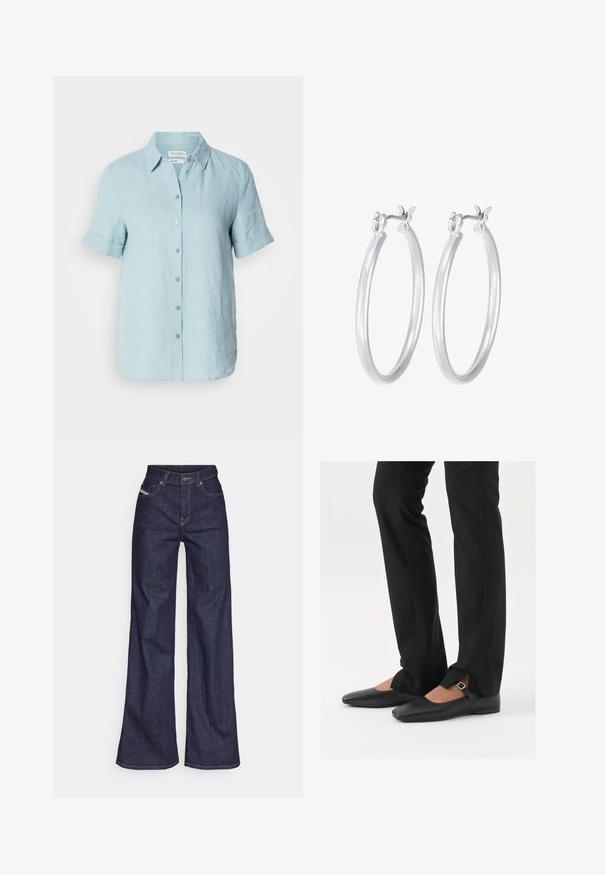 Lyseblå linnedragt med kortærmer, der har krave og opsmøg på ærmerne, samt seks knapper foran. Glat tekstur.; Mørkeblå bredbenede jeans i denimstof med høj talje, prydet med orange stikninger, fem-lomme design og knaplukning.; Sorte læder balletflade sko med spids tå, rem med sølvspænde, parret med sorte skræddersyede bukser med slids i bunden.; Sølv hoop øreringe med en glat, poleret overflade. Rund form og sikker klik-lukning. Letvægtsdesign, der er velegnet til hverdagsbrug.