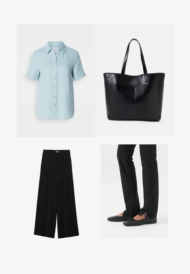 Camisa de lino azul claro con botones, de manga corta, con cuello y puños doblados, y seis botones en la parte delantera. Textura suave.; Pantalones de pierna ancha negros con un tejido texturizado, una cinturilla elástica y un lazo desmontable en la cintura para un ajuste ajustable.; Bailarinas de cuero negro con punta afilada, correa con hebilla de plata, combinadas con pantalones negros ajustados que presentan un dobladillo con abertura.; Bolso tote de cuero negro con dos asas largas, textura suave y forma estructurada. Cuenta con un bolsillo frontal para almacenamiento adicional.; Pendientes de aro de plata con un acabado liso y pulido. Forma redonda y cierre de click seguro. Diseño ligero adecuado para el uso diario.