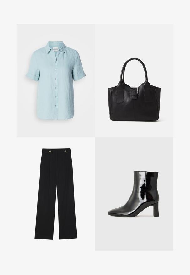Light blue linen button-up shirt with short sleeves, featuring a collar and rolled-up cuffs, and six front buttons. Smooth texture.; Black wide-leg trousers with high waist, button details on waistband, and front pleats.; Black patent leather ankle boot with a pointed toe and a mid-height block heel. Smooth texture and minimalist design.; Black leather tote bag with smooth texture, structured shape, two handles, and a prominent silver buckle detail on the front.
