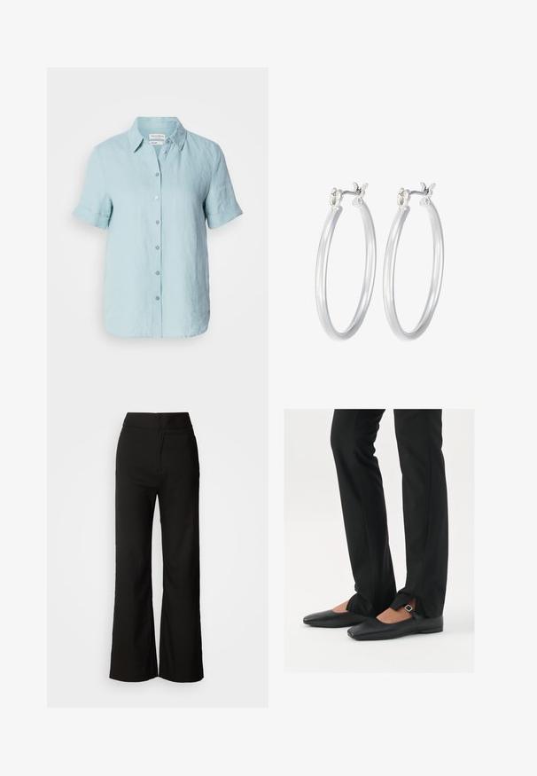 Camicia in lino azzurro chiaro con maniche corte, dotata di colletto e polsini arrotolati, e sei bottoni sul davanti. Texture liscia.; Pantaloni neri a gamba larga con texture liscia, vita alta e design semplice. Nessuna tasca visibile o decorazioni.; Ballerine in pelle nera con punta appuntita, cinturino con fibbia in argento, abbinate a pantaloni neri su misura con orlo a spacco.; Orecchini a cerchio in argento con una finitura liscia e lucida. Forma rotonda e chiusura a scatto sicura. Design leggero adatto per l'uso quotidiano.