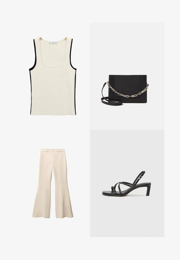 White ribbed tank top with black piping along the edges and scoop neckline. Made from a stretchy fabric, featuring no additional patterns or hardware.; Beige flared trousers with a smooth texture, featuring a flat front, belt loops, and deep side slits at the hem.; Black strappy sandal with a square toe and a low block heel. Features multiple thin straps and an adjustable ankle strap. Made of smooth leather.; Black leather crossbody bag featuring a smooth texture, rectangular shape, and a metallic chain detail on the front. Adjustable strap included.