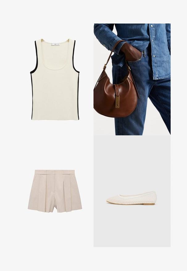 White ribbed tank top with black piping along the edges and scoop neckline. Made from a stretchy fabric, featuring no additional patterns or hardware.; Beige pleated shorts with a tailored design, featuring a high waist and smooth texture. Four front pleats create volume. No pockets.; White flat shoe featuring a mesh design with a pointed toe and a low, flat sole. Textured upper with a smooth lining and subtle contrast trim.; Brown leather hobo bag with a rounded shape, featuring a gold hardware accent and contrast stitching. Paired with a denim shirt and jeans.