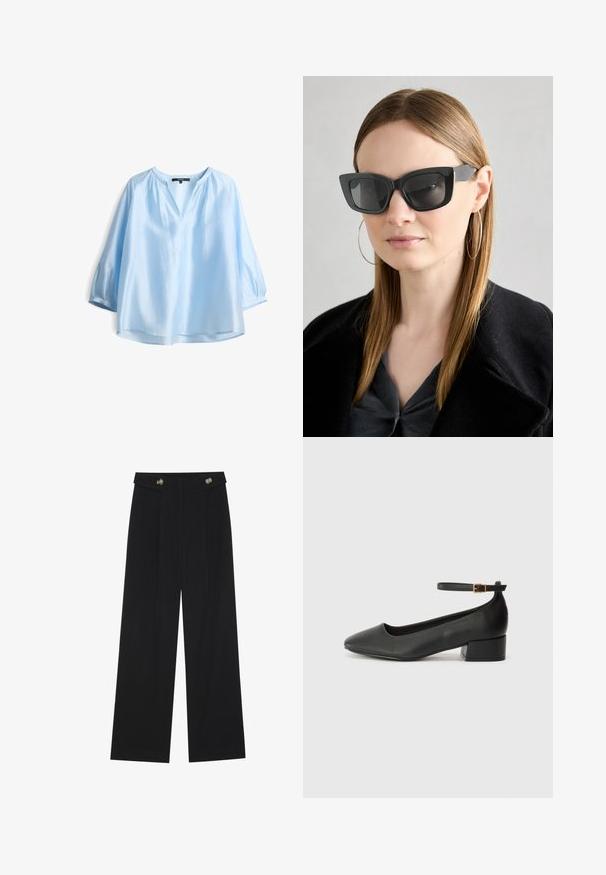 Blusa leggera azzurro chiaro, morbida e dal taglio ampio, con scollatura a V e maniche a tre quarti. Presenta dettagli arricciati sulle spalle.; Pantaloni neri a gamba larga con vita alta, dettagli con bottoni in vita e pieghe frontali.; Pump in pelle nera con punta affusolata e tacco basso a blocco. Presenta una cinghia alla caviglia con una fibbia in tonalità oro. Texture liscia.; Occhiali da sole a forma di occhio di gatto neri con lenti scure, montatura spessa e dettagli sottili. Indossati con un cappotto nero e una maglia grigia, con capelli lunghi e lisci.