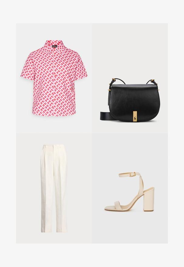 Balti ir raudonos trumpomis rankovėmis marškiniai su audiniu raštu. Su klasikinėmis apykaklėmis ir priekyje esančia mygtukų uždarymo sistema. Lengvas audinys.; Polo Ralph Lauren HEMP WIDE LEG PANT - Kelnės - nevis; Bežinės aukštakulnės šlepetės su kvadratiniu носu, plona kulkšnies juosta ir blokiniu kulnu. Lygus odos tekstūra su aukso sagte.; Juodas odinis krepšys per petį su auksinės spalvos metaliniais akcentais ir reguliuojama juosta, turintis lygią tekstūrą ir išlenktą formą.