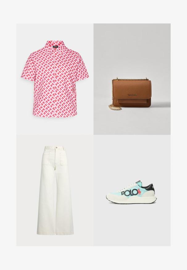 Camisa de manga curta em branco e vermelho com um padrão trabalhado. Apresenta um colarinho clássico e fecho frontal com botões. Tecido leve.; Jeans de perna larga em denim off-white. Design de cintura alta com fecho de botão, dois bolsos frontais e detalhes de costura em contraste.; Sapatilha com um corpo azul claro, detalhes em camurça branca, calcanhar preto e um proeminente logo preto "POLO" com a silhueta de um jogador de pólo em vermelho.; Bolsa crossbody de couro texturizado castanho com alça de corrente dourada e fecho com aba. A parte da frente apresenta detalhe do logótipo e um bolso sob a aba.