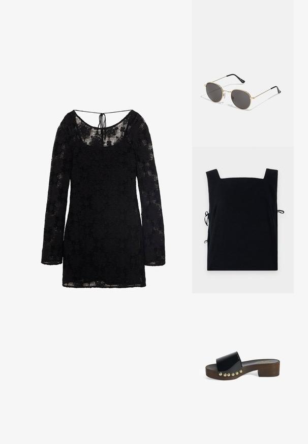 Black square-necked top made of soft fabric, featuring side ties for adjustable fit. Simple design with no additional patterns or accents.; Black lace dress with long sleeves, scoop neckline, and back tie detail. Lightweight, textured pattern covers the fabric, creating a sheer effect.; Black slide sandal with a chunky wooden heel and a shiny, smooth strap. Features gold decorative studs along the outer edge.; Round sunglasses with dark lenses, thin gold metal frame, plastic temple tips, and adjustable nose pads. Minimalist design with a classic look.; Straw handbag with a wide, fan-shaped design, black leather handles, and black floral accents on one side.