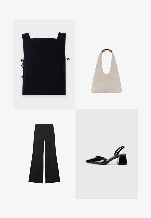 Black square-necked top made of soft fabric, featuring side ties for adjustable fit. Simple design with no additional patterns or accents.; Black wide-leg pants with a smooth texture, featuring front pleats and a tailored design. The fabric is lightweight and flowy.; Black patent leather slingback heels with a pointed toe and a geometric block heel. Features a sleek, minimal design and smooth texture.; Light gray leather bag with a U-shaped design and a curved metallic handle. Smooth texture with minimal stitching and no visible patterns.