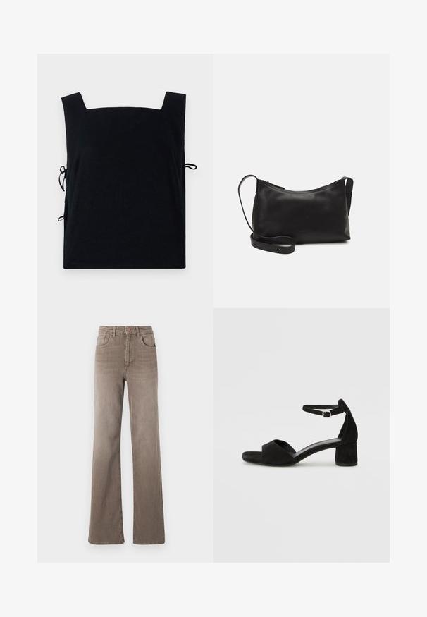 Schwarzes Top mit quadratischem Ausschnitt, aus weichem Stoff gefertigt, mit seitlichen Bändern für eine anpassbare Passform. Einfaches Design ohne zusätzliche Muster oder Akzente.; Braune hoch taillierte Straight-Leg-Jeans mit vorderem Knopf, Gürtelschlaufen und klassischem Fünf-Taschen-Design auf weißem Hintergrund.; Schwarze Wildleder-Espadrilles mit einem dünnen Knöchelriemen, offener Zehenpartie und moderatem Blockabsatz. Glatte Textur und minimale Akzente.; Schwarze Ledertasche für die Schulter mit glatter Textur, geschwungener Form, verstellbarem Tragegurt und Reißverschluss. Minimalistisches Design ohne Verzierungen.