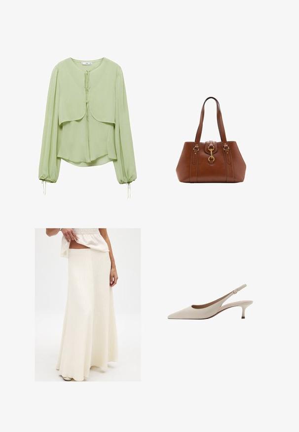 Svetlozelená blúzka s okrúhlym výstrihom, skladanými dlhými rukávmi a vrstveným predným dizajnom. Vyrobená z jemnej, splývavej látky s detaily na stiahnutie.; Krémová, dlhá maxi sukňa s textúrovaným povrchom. Má priliehavý pás a voľný siluetu, kombinovaná s voľným, živým topom.; Béžové lodičky na opätku s špicatou špičkou a nízkym rozšíreným opätkom. Vyrobené z hladkej kože s minimalistickým dizajnom a nastaviteľným popruhom.; Hnedá kožená taška s dvojitými popruhmi, zaobleným tvarom, zlatými kovovými doplnkami a centrálnym detailom s prackou. Hladký povrch s prešitými akcentami.