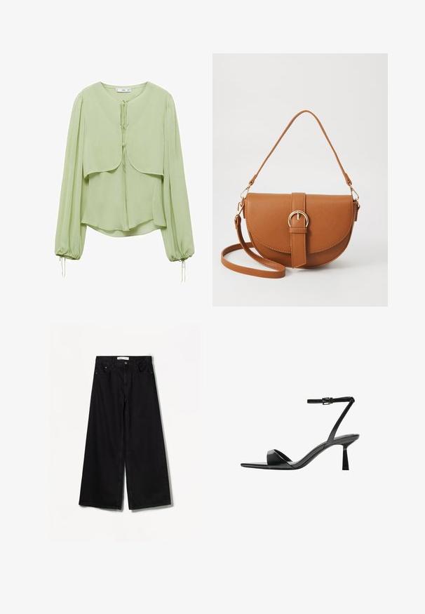 Vaaleanvihreä paita pyöreällä kaula-aukolla, laskostetuilla pitkillä hihoilla ja kerroksellisella etuosalla. Valmistettu pehmeästä, valuvaasta kankaasta, jossa on nyörikoristeet.; Bershka WIDE-LEG - Leveälahkeiset - black; Bershka Korolliset sandaalit - black; Ruskean nahkainen olkalaukku, jossa on kaareva muoto, kultaiset yksityiskohdat ja solkiyksityiskohta. Varustettu irrotettavalla olkahihnalla.