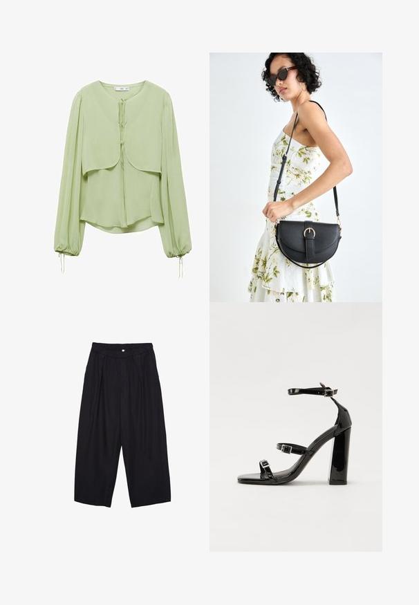 Hellgrünes Blusenshirt mit rundem Ausschnitt, plissierten langen Ärmeln und einem geschichteten Vorderdesign. Hergestellt aus weichem, fließendem Stoff mit Kordelzug-Akzenten.; Schwarze Polyester-Culotte mit einem elastischen Bund, zwei vorderen Falten und einer lockeren Silhouette. Keine sichtbaren Muster oder Hardware-Details.; Schwarze patentierte Sandalen mit Absatz, quadratischer Spitze, Knöchelriemen und silbernen Schnallen. Mit einem stabilen Blockabsatz für mehr Stabilität.; Schwarze Lederhandtasche mit geschwungener Form, abnehmbarem Tragegurt und goldenen Beschlägen. Die Tasche verfügt über einen Deckel mit einer Schnallen-Details.