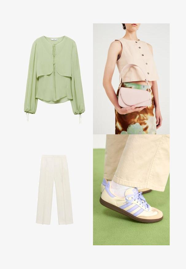 Bluză verde deschisă cu decolteu rotund, mâneci lungi plisate și un design frontal stratificat. Construită dintr-un material moale și fluid, cu accente din șnur.; Pantaloni cu picioare largi, de culoare crem deschis. Realizați dintr-un material neted, cu plisuri în față și buzunare laterale.; Adidași crem și lavandă cu trei dungi și o talpă texturată maro, având șireturi și un călcâi căptușit. Superior din material moale.; Geantă de piele roz cu clapetă curbată, curea simplă pentru umăr și linii curate. Geanta prezintă o textură netedă și un design minimalistic.