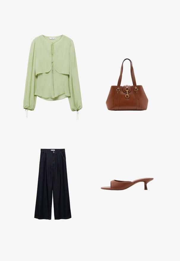 Světle zelená blůza s kulatým výstřihem, plisé dlouhými rukávy a vrstveným předním designem. Vyrobena z měkké, splývavé látky s akcenty na stažení šňůrkou.; Tmavě modré široké kalhoty s vysokým pasem, které mají zapínání na přední knoflík, dvě boční kapsy a švy.; Hnědé sandály na podpatku s otevřenou špičkou a hladkým, matným povrchem, které mají zakřivený design a průhledný, zúžený podpatek.; Hnědá kožená kabelka s dvojitými popruhy, zaobleným tvarem, zlatými kovovými doplňky a centrálním detailem s přezkou. Hladký povrch s prošívanými akcenty.