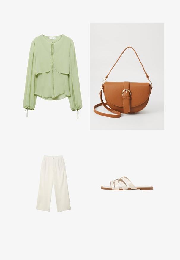 Svetlozelen zgornji del z okroglim izrezom, nagubanimi dolgimi rokavi in slojevitim prednjim oblikovanjem. Narejen iz mehke, tekoče tkanine z nagubanimi dodatki.; Hlače širokih nogavic iz kremaste tkanine z gladko teksturo, z enim sprednjim gumbom, diskretnimi plisami in visokim pasom.; Ravne sandale s svetlo rjavim gumijastim podplatom, zasnovane s tremi prekrivajočimi se belimi usnjenimi trakovi in majhnim lokom na sredini.; Rjava usnjena torbica prek telesa s ukrivljeno obliko, zlate opreme in sponko. Ima odstranljiv naramni trak.