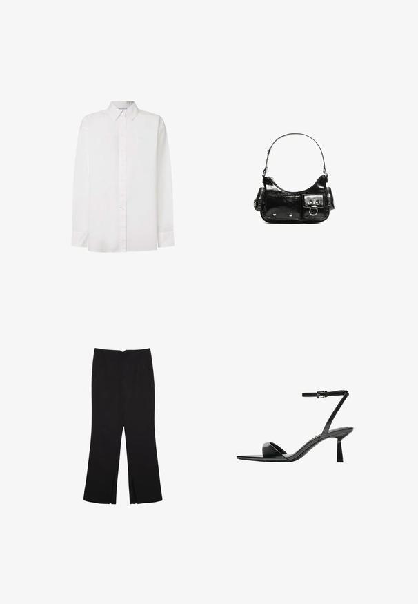 Bijela košulja dugih rukava od pamuka. Ima ovratnik s gumbima, prednje gumbe i ravni rub. Suptilno brendiranje na prsima.; Crne hlače ravnog kroja, s prednjim džepovima i bočnim prorezima na rubu. Izrađene od mekog i glatkog materijala. Pogodne za razne prigode.; Bershka Sandale s visokom petom - black; Crna patentna kožna torba s zakrivljenim oblikom, jednim remenom za rame, prednjim džepovima i akcentima od srebrnog tona.