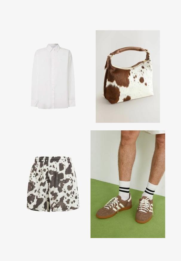 Weißes langärmliges Hemd aus Baumwolle. Beinhaltet einen Button-Down-Kragen, Frontknöpfe und einen geraden Saum. Subtile Markenkennzeichnung auf der Brust.; Beige Sommershorts mit braunem und schwarzem Kuhmuster. Glatte Textur, lockere Passform, genähter Saum und elastischer Bund.; Braune Wildleder-Sneaker mit weißen Akzenten und Schnürsenkeln. Gummisohle in Kautschuk-Optik. Getragen mit weißen Socken, die schwarze Streifen haben. Grüner strukturierter Fußboden.; Lederhandtasche aus Kuhfell mit braun-weißem gesprenkelt Muster, braunem Lederriemen, goldfarbener Reißverschluss und weicher Textur. Strukturierte Form mit abgerundeten Kanten.