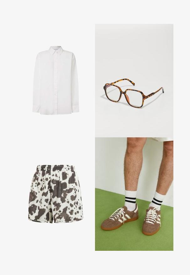 Witte langslavende shirt van katoen. Beschikt over een button-down kraag, knopen aan de voorkant en een rechte zoom. Subtiele branding op de borst.; Trekkoorts in crème met een bruin en zwart koeienpatroon. Zachte textuur, losse pasvorm, gestikte zoom en elastische tailleband.; Bruine suède sneakers met witte accenten en veters. Rubberen gumzool. Draag met witte sokken met zwarte strepen. Groene gestructureerde vloer.;  Schildpadbril met een vierkant montuur, voorzien van heldere lenzen en een gestructureerd patroon. De pootjes hebben een dunne, gestroomlijnde vorm.