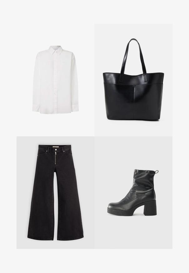 Bijela košulja dugih rukava od pamuka. Ima ovratnik s gumbima, prednje gumbe i ravni rub. Suptilno brendiranje na prsima.; Široke traperice od crnog denima s prednjim zatvaračem, dizajnom s pet džepova i suptilnim detaljima šivanja. Glatka tekstura i ležeran stil.; Crne gležnjače od glatke kože, s bočnim zatvaračem, debelim teksturiranim potplatom i dizajnom s zaobljenim prstima.; Crna kožna torba s dugim ručkama, glatkom teksturom i strukturiranim oblikom. Ima prednju džep za dodatno pohranu.