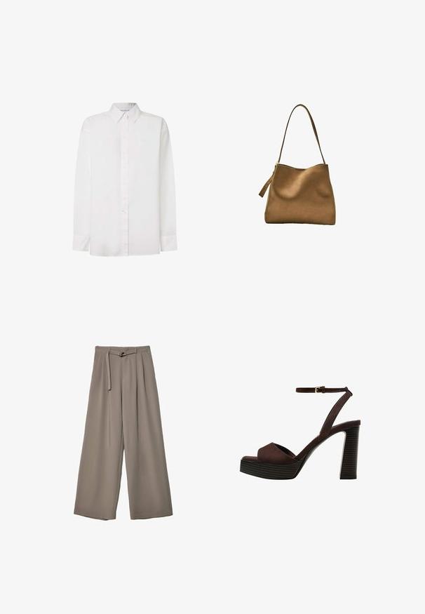 Weißes langärmliges Hemd aus Baumwolle. Beinhaltet einen Button-Down-Kragen, Frontknöpfe und einen geraden Saum. Subtile Markenkennzeichnung auf der Brust.; Weite Hose aus einem weichen, gedämpften grauen Stoff, mit einem taillierten Bund und Falten für zusätzliche Design-Details. Glatte Textur, keine Muster.; Braune Wildleder-Pumps mit offenem Zeh, verstellbarem Knöchelriemen und gestreiftem Plateausohlen.; Braune Wildleder-Handtasche mit glatter Textur, gewölbtem oberen Teil und einem langen, flachen Schulterriemen. Verfügt über einen Reißverschlussschieber auf einer Seite.