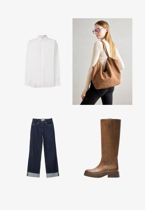 Weißes langärmliges Hemd aus Baumwolle. Beinhaltet einen Button-Down-Kragen, Frontknöpfe und einen geraden Saum. Subtile Markenkennzeichnung auf der Brust.; Dunkelblaue, weit geschnittene Jeans mit hoher Taille, ausgestattet mit aufgerollten Säumen, Kontrastnähten und einem Fünf-Taschen-Design. Hergestellt aus Denim-Stoff.; Braunes Leder-Knöchelhochstiefel mit abgerundetem Zeh, strukturiertem Obermaterial und niedrigem, gestapeltem Absatz. Verfügt über ein seitliches Einsätzen und eine Ziehschlaufe an der Oberseite.; Braune Wildleder-Tasche mit weicher Textur, großer Öffnung und langen Trägern. Sie verfügt über ein simples Design mit sichtbarem Stich und ohne Beschläge.