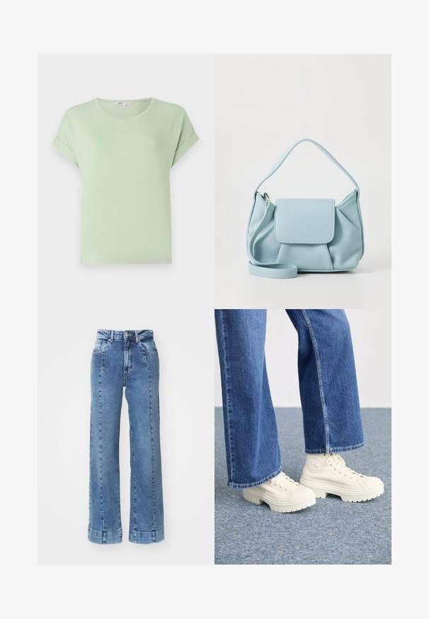 T-shirt verde chiaro realizzato in tessuto morbido, con scollatura rotonda e maniche corte arrotolate. Taglio semplice e rilassato, senza motivi né accenti.; Jeans in denim azzurro chiaro a gamba larga con vita alta, dotati di tasche frontali e dettagli cuciti. L'orlo è ripiegato e cucito.; Sneaker alta bianche con suole spesse e rigate e dettaglio del logo circolare, indossate con jeans di denim azzurro chiaro a gamba larga.; Borsa a mano in pelle blu chiaro con manico superiore, tasca con pattina frontale e tracolla rimovibile su sfondo bianco.