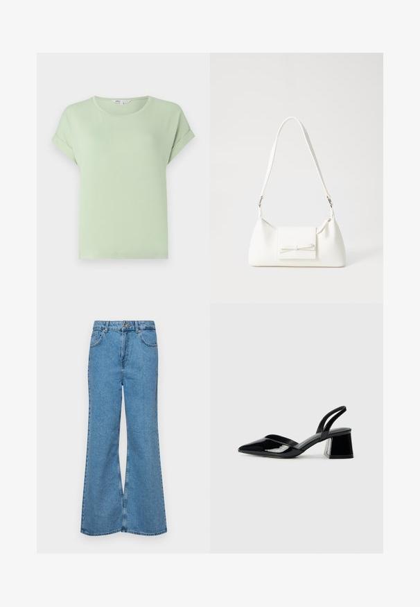Tricou verde deschis, fabricat dintr-un material moale, având un gât rotund și mâneci scurtă rulate. Design simplu, cu croială lejeră, fără modele sau accente.; Jeanși evazați de culoare albastru deschis, din denim, cu talie înaltă, cinci buzunare și închidere cu un singur buton. Textură moale cu un finisaj decolorat.; Pantofi cu toc slingback din piele lacuită neagră, cu vârf ascuțit și toc geometric. Prezintă un design elegant, minimalist și o textură netedă.; Geantă sintetică albă, cu formă triangulară, capac frontal plat și detaliu cu fundă, curea ajustabilă, textură netedă și design minimalist.