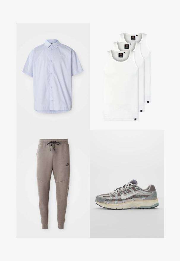 Šviesiai mėlyna trumpomis rankovėmis marškiniai, pagaminti iš lygaus audinio, su mygtukų užsegimu ir mažo balto Nike logotipo ant krūtinės.; Trys balti, dryžuoti marškiniai be rankovių, pagaminti iš medvilnės. Yra apvalus kaklas ir maži juodi etiketės netoli siūlės. Siūlomi įvairių dydžių.; Pilkos Nike kelnės su raišteliu liemenyje, siaurėjančiomis kojomis, šoninėmis kišenėmis ir išskirtiniais siūlų detalėmis. Minkšta, tekstūruota medžiaga.; Pilkas sportinis batas su tinklu ir zomšos viršutine dalimi, baltomis detalėmis, paminkštintu padu ir išskirtiniu dizainu su atspindinčiais elementais.