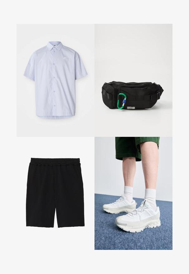 Gai zils īsām piedurknēm krekls no gludas auduma, ar pogu aizdari un mazu baltu Nike logotipu uz krūšu.; Melni kokvilnas šorti ar elastīgu jostu, divām sānu kabatām, brīvu piegriezumu un neapstrādātiem maliņām, kas piešķir ikdienišķu izskatu.; Baltas sporta apavi ar teksturētām detaļām, masīvu zoli un pelēkiem akcentiem. Valkāti ar baltiem zeķu pēdu apģērbiem un zaļām šortiem uz zilas virsmas.; Melnas neilona jostas soma ar rāvējslēdzēja aizdari, regulējamu siksnu un zaļganu un zilu karabīni pievienotu priekšpusē.