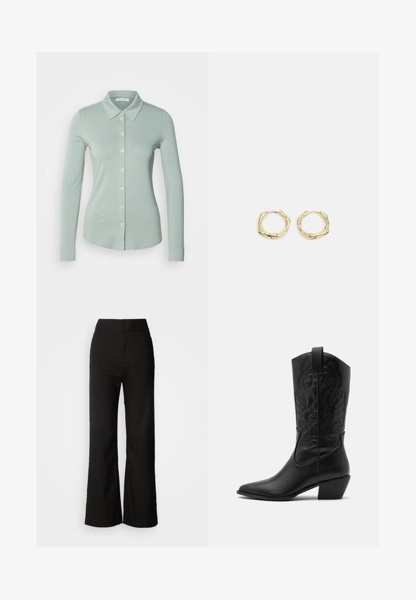 Marc O'Polo LONG SLEEVE COLLAR PLACKET - Overhemdblouse - faded mint; Zwarte wijde broek met een gladde textuur, hoge taille en een strakke uitstraling. Geen zichtbare zakken of versieringen.; Zwarte leren cowboylaars met een spitse neus, gegraveerde draaiende patronen en een halfhoge hak. Voorzien van een trekhaak voor gemakkelijk aan- en uittrekken.; Gouden creolen met een textuur en onregelmatige vorm. Voorzien van een naadloze sluiting en een gepolijste afwerking, wat het moderne ontwerp benadrukt.