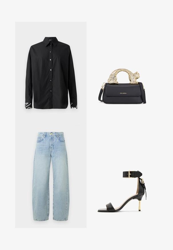 Black long-sleeve shirt made from smooth fabric, featuring a classic collar and button closure. Cuffs adorned with white decorative writing.; Light blue denim wide-leg jeans with a high waist, slight fading, five pockets, and gold-tone hardware. Hem is straight and unfinished.; Black leather heeled sandal with a square toe, ankle strap featuring a gold buckle, and a slender metallic heel. Smooth texture, minimalist design.; Black leather handbag with a gold cat-shaped handle, featuring a front flap, adjustable strap, and logo detail on the lower front.