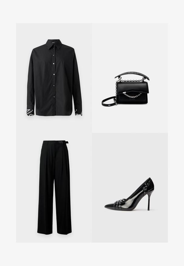 Maglietta nera a maniche lunghe realizzata in tessuto liscio, con colletto classico e chiusura a bottoni. I polsini sono decorati con scritte bianche. ; Pantaloni neri a gamba larga con vita alta, pieghe nella parte anteriore e una cintura con fibbia. Realizzati in tessuto liscio e leggero.; Scarpa con tacco a stiletto in pelle sintetica nera, con punta affilata, tre cinturini decorativi con borchie e il marchio "Karl Lagerfeld" sul tacco.; Borsa a mano nera in pelle con un design strutturato, dettagli in catena e manico, e una superficie testurizzata. Presenta una chiusura a pattina con il marchio visibile.