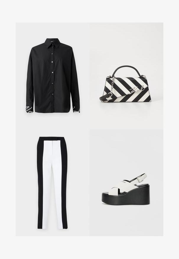 Black long-sleeve shirt made from smooth fabric, featuring a classic collar and button closure. Cuffs adorned with white decorative writing.; Black and white tapered trousers featuring a slim fit with contrasting panels. Fabric has a smooth texture; waistband is flat and fitted.; White platform sandals with a black base, featuring a crossed strap design and adjustable ankle buckle. Smooth texture, modern shape.; Black and white striped handbag with a structured shape, featuring a top handle, a detachable chain strap, and metallic logo accent.
