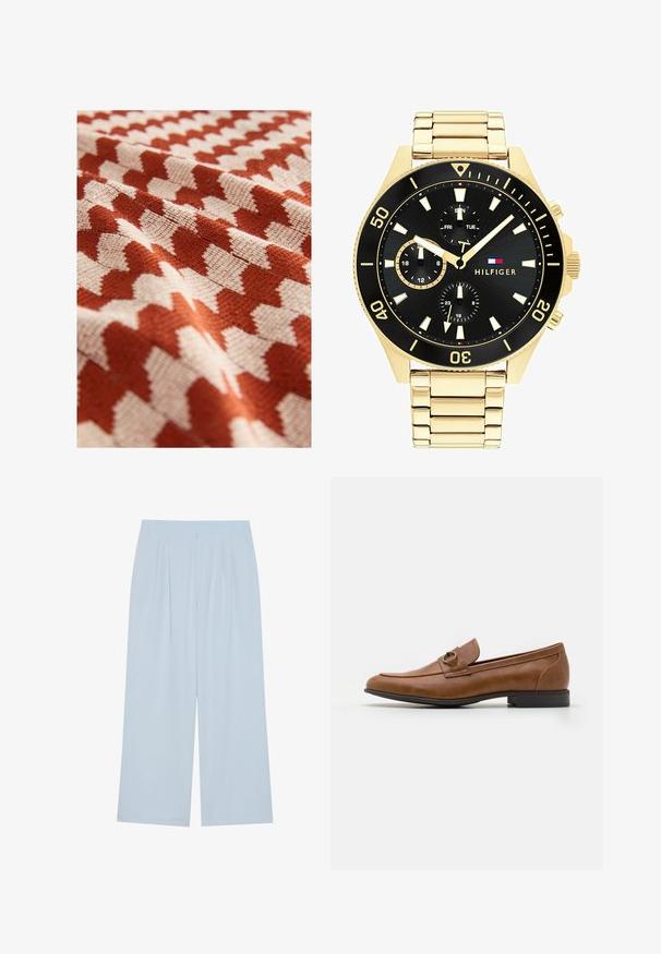Next REGULAR FIT - SHORT SLEEVE - Camicia - orange; Pantaloni a gamba larga blu chiaro realizzati in un materiale morbido, con pieghe frontali e una vita elasticizzata per il comfort.; Mocassini in pelle marrone con tacco piatto, dotati di un accento metallico decorativo sul davanti, design elegante e texture liscia.; Orologio in metallo color oro con quadrante nero, indicatori luminosi e tre sotto-quadranti. Presenta un cinturino testurizzato e il logo “HILFIGER” al centro.