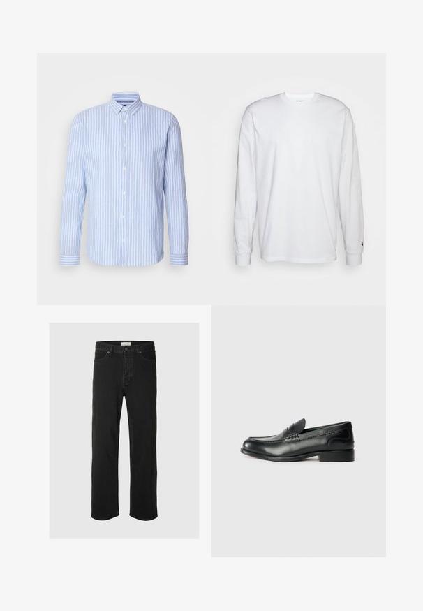 Lyseblå og hvid stribet langærmet skjorte med button-down krave, der har en frontplade med hvide knapper og manchetter med akcent.; Hvid langærmet T-shirt lavet af bomuld. Rund halsudskæring med ribbede manchetter og et lille logo på venstre ærme. Glat tekstur.; Sorte denim straight-leg jeans har et klassisk fem-lomme design med knaplukning, minimal syning og en blød tekstur.; Sorte læder loafers med en glat overflade, syede detaljer over vamps og en let hævet hæl.