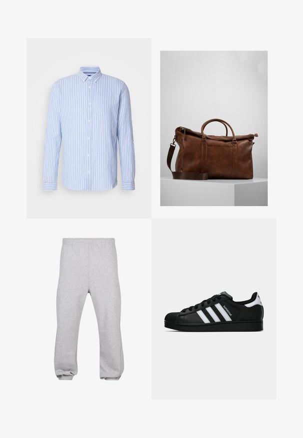 Hellblau-weißer gestreifter Langarmshirt mit Button-Down-Kragen, ausgestattet mit einer Vorderblende mit weißen Knöpfen und Akzenten an den Bündchen.; Graue Sweatpants aus Baumwollmix mit einem elastischen Bund, schmal zulaufenden Beinen und gerippten Säumen. Einfaches Design ohne Muster.; Schwarzer Adidas Superstar Sneaker mit weißen Streifen, Schalenzehen und "Superstar"-Schriftzug an der Seite, im Seitenprofil auf weißem Hintergrund dargestellt.; Braune Leder-Duffel-Tasche mit Reißverschluss, doppelten Griffen, verstellbarem Schultergurt und sichtbaren Texturmuster auf der Oberfläche.