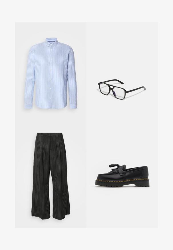 Gaiši zils un balts svītrots gara piedurkne krekls ar pogājamā apkakle, ar priekšā esošu plati ar baltām pogām un aproces akcentiem.; Melnas strīpainas platās bikses ar pieūgumiem, ar pielāgotu dizainu un mīkstu tekstūru. Nav redzamu detaļu vai akcentu.; Melnas ādas mokasīni ar pērlītēm uzsvaru, ar masīvu melnu zoli un dzeltenu šuvumu gar malu. Ar teksturētu apdari.; Melnas taisnstūra brilles ar caurspīdīgiem stikliem un smalku purpura tonējumu, ar gludām kājiņām un minimālistisku dizainu.
