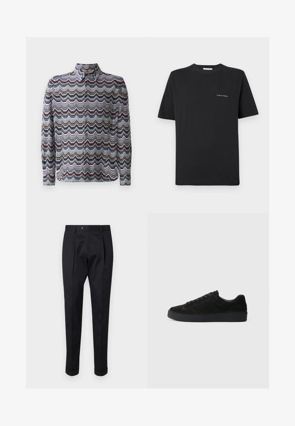 Langärmliges Hemd mit einem Zickzackmuster in Blau, Rosa und Cremefarben. Hergestellt aus leichtem Stoff mit einem Button-Down-Kragen.; Schwarzes Baumwoll-T-Shirt mit Rundhalsausschnitt, kurzen Ärmeln und einem kleinen weißen "TIGER OF SWEDEN"-Logo auf der Brust. Klassischer Schnitt.; Schwarze Hosen aus einem glatten Stoff, mit einem Faltenwurf vorne, einem Knopfverschluss und umgeschlagenen Säumen am Knöchel.; Schwarze Wildleder-Sneaker mit flacher, strukturierter Sohle, rundem Zehenbereich, sechs Ösen für Schnürsenkel und minimalistischen Design.