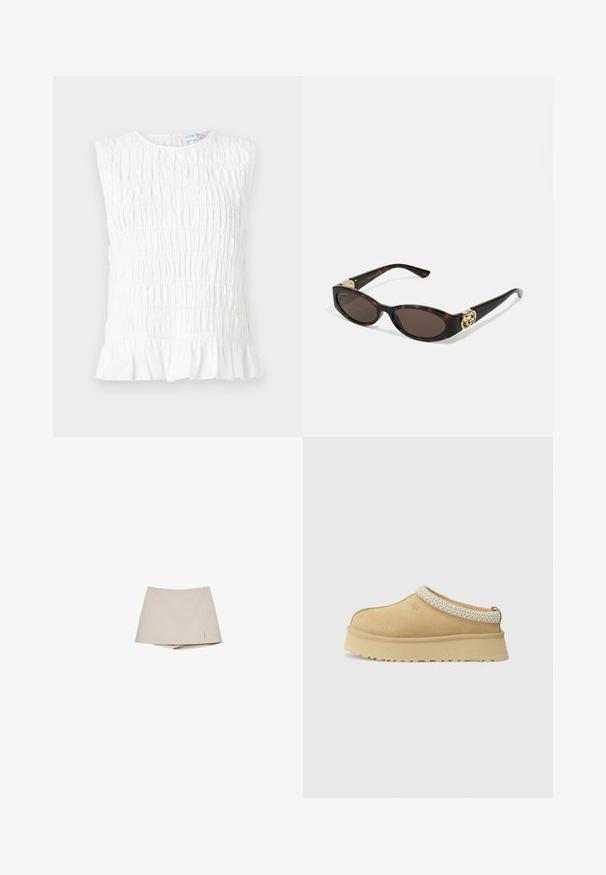Weißes ärmelloses Oberteil mit geraffter Textur, rundem Ausschnitt und Rüsche am Saum. Hergestellt aus weichem, leichtem Stoff.; Beige Damen-Skort mit einem leichten Schlitz vorne und angenähten Shorts darunter, auf einem weißen Hintergrund präsentiert.; Beige Wildleder Slipper mit gepolstertem Kragen und strukturiertem hellblauen Akzent. Verfügt über eine dicke, strapazierfähige Außensohle mit gemusterter Profilierung.; Schildpatt-Sonnenbrille mit länglich-ovalen Gläsern, braunem Farbton, goldenen Logo-Akzenten an den Bügeln und schlanken schwarzen Bügeln.; Braune Lederhandtasche mit zwei stabilen Griffen, rechteckiger Form, glatter Oberfläche und Reißverschluss. Minimalistisches Design ohne sichtbare Muster.