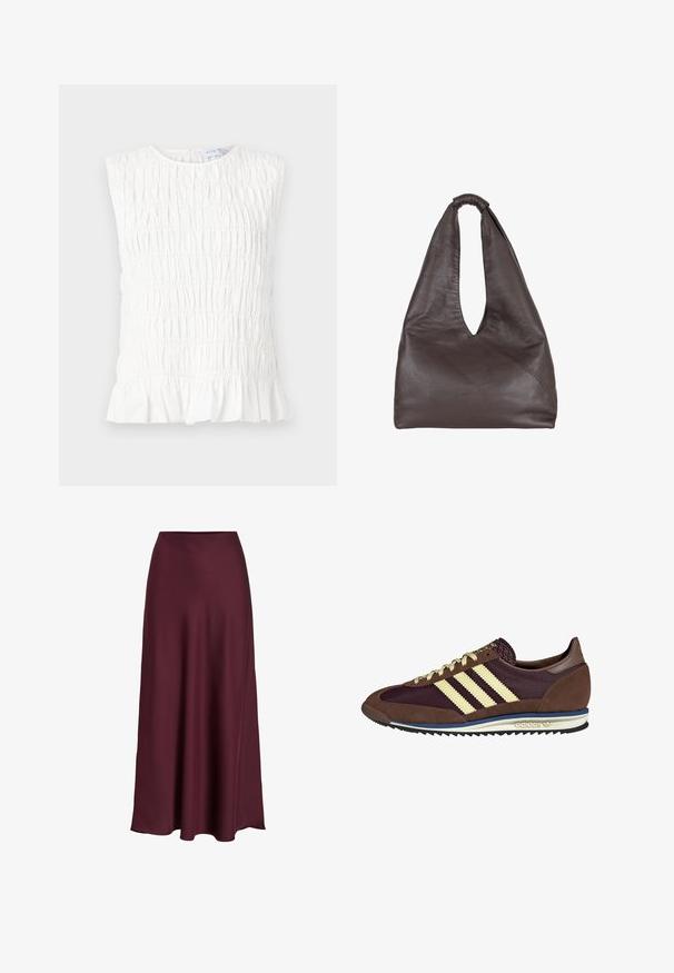 Valkoinen hihaton paita, jossa on kerroksellinen rakenne, pyöreä kaula-aukko ja röyhelöhelma. Valmistettu pehmeästä, kevyestä kankaasta.; Burgundy satiini maksihame, jossa on sileä tekstiili, korkea vyötärö ja virtaava siluetti, joka laajenee lempeästi helmaan.; Ruskea ja burgundin värinen lenkkari, jossa on yksityiskohtina mokkaa ja verkkomateriaalia, kolmea kermaista raitaa, tekstuuripinta kielekkeessä ja kumipohja.; Ruskea nahkabag, jossa on roikkumaiseen ja ylisuureen tyyliin. Varustettu silmukkakahvalla ja syvällä V-leikkausaukolla helppoa pääsyä varten. Pehmeä rakenne, minimalistinen tyyli.