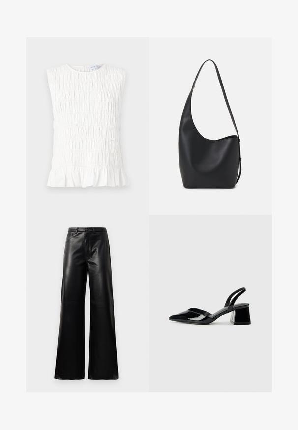 White sleeveless top with a gathered texture, featuring a round neckline and a ruffled hem. Made from soft, lightweight fabric.; Black high-waist wide-leg faux leather pants with front button, zip closure, belt loops, and side pockets on white background.; Black patent leather slingback heels with a pointed toe and a geometric block heel. Features a sleek, minimal design and smooth texture.; Black leather hobo bag with a smooth texture, curved shape, and single adjustable strap; features a wide opening at the top.