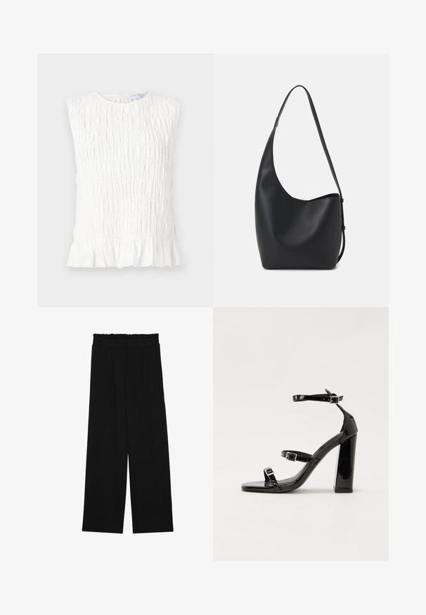 Balta bez piedurknēm topo ar savākto tekstūru, ar apaļu izgriezumu un viļņotu apakšmalu. Izgatavota no mīksta, viegla auduma.; Melnas platās bikses ar volangām jostasvietā, ar divām sānu kabatām un gludu, vieglu audumu. Nav redzamu rakstu vai aksesuāru.; Melnas lakotas augstpapēžu čības ar kvadrāta purngalu, potīšu siksniņām un sudraba sprādzēm. Aprīkotas ar masīvu bloku papēdi stabilitātei.; Melnas ādas hobo soma ar gludu tekstūru, izliekta forma un vienu regulējamu jostu; augšā ir plaša atvere.