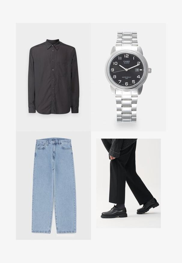 Černá košile s dlouhým rukávem, s vertikálními pruhy, s límcem na knoflíky, přední kapsou a odpovídajícími knoflíky. Hladká textura látky.; Světle modré džíny s rovnými nohavicemi, středním pasem, pěti kapsami a zapínáním na knoflík a zip.; Černé kožené boty s kulatou špičkou, šněrovací design a silnou strukturovanou podrážkou. Noseny s dobře padnoucími černými kalhotami a žebrovaným svetr.; Kovové quartz hodinky se stříbrným nerezovým páskem, kulatým černým ciferníkem, bílými ukazateli hodin a datem zobrazeným na pozici 3 hodin. Voděodolné do 50 m.