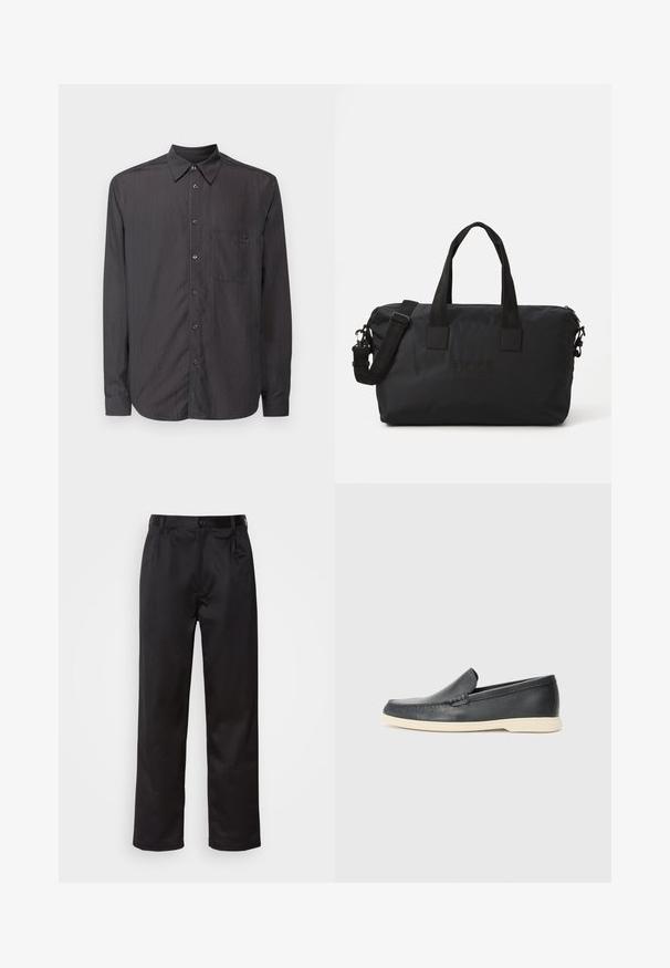Čierna košeľa s dlhými rukávmi, vertikálnymi prúžkami, golierom na gombíky, prednou vreckom a zodpovedajúcimi gombíkmi. Hladká textúra materiálu.; Čierne nohavice vyrobené z hladkej látky, s predným zapínaním na gombík, s plisovaním a rovnými nohavicami. Žiadne viditeľné vzory ani akcenty.; Čierne kožené slip-on mokasíny s textúrovaným povrchom a kontrastnou béžovou gumovou podrážkou. Obsahujú jemný akcent pozdĺž prednej časti.; Čierna nylonová športová taška s dvoma hornými uchami a odnímateľným ramenným popruhom. Obsahuje embosované logo a hladký povrch so zipsovým uzáverom.
