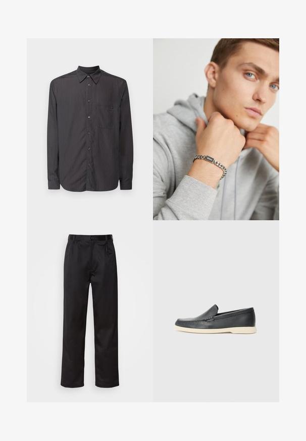 Fekete, hosszú ujjú ing függőleges csíkokkal, gombos gallérral, elülső zsebével és az ing színével azonos gombokkal. Simogatott anyagtextúra.; Fekete nadrág sima anyagból, elülső gombos záródással, redőkkel és egyenes szárral. Nincsenek látható minták vagy díszítések.; Fekete bőr, slip-on stílusú loaferek, texturált felülettel és kontrasztos bézs gumitalppal. A frontrészén finom díszítéssel rendelkezik.; Ezüst lánc karkötő, amelyen egy fekete, téglalap alakú jelvény található, amelyen a "BOSS" felirat van gravírozva. Egy kézen látható, szürke kapucnis pulóver háttérrel.