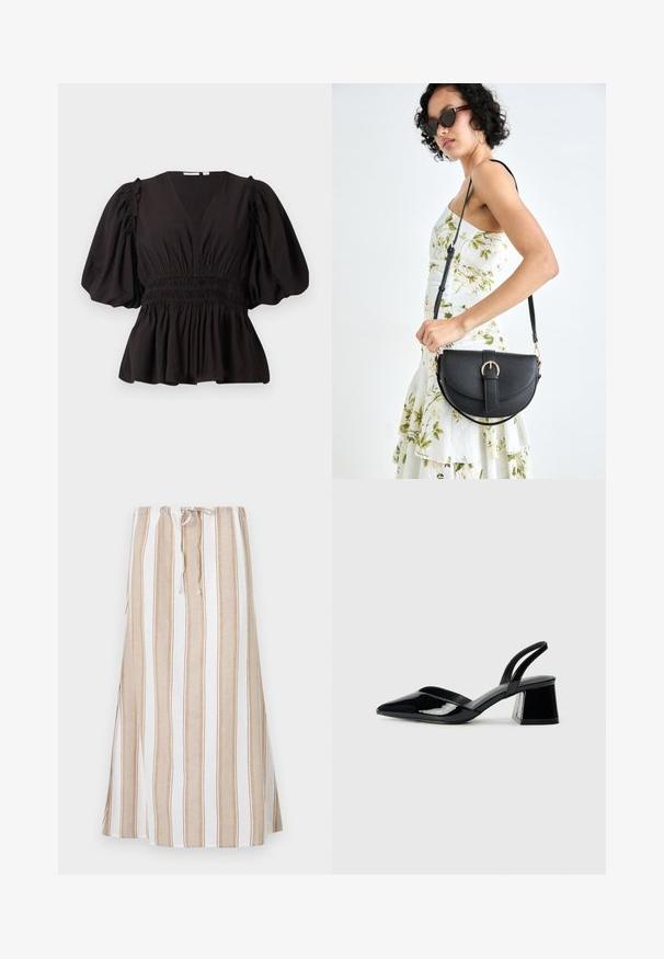 Top preto com mangas bufantes e decote em V profundo, cintura franzida e barra godê. Feito de um tecido leve com uma textura suave.; Saia riscada em branco e castanho claro, com uma cintura ajustável por cordão e um design longo e fluido. Feita de um tecido leve com um corte descontraído.; Sandy em verniz preto com salto slingback, ponta afilada e salto geométrico. Apresenta um design elegante e minimalista com textura suave.; Bolsa de couro preta com forma curva, alça destacável e detalhes em dourado. A bolsa possui uma aba com detalhe de fivela.